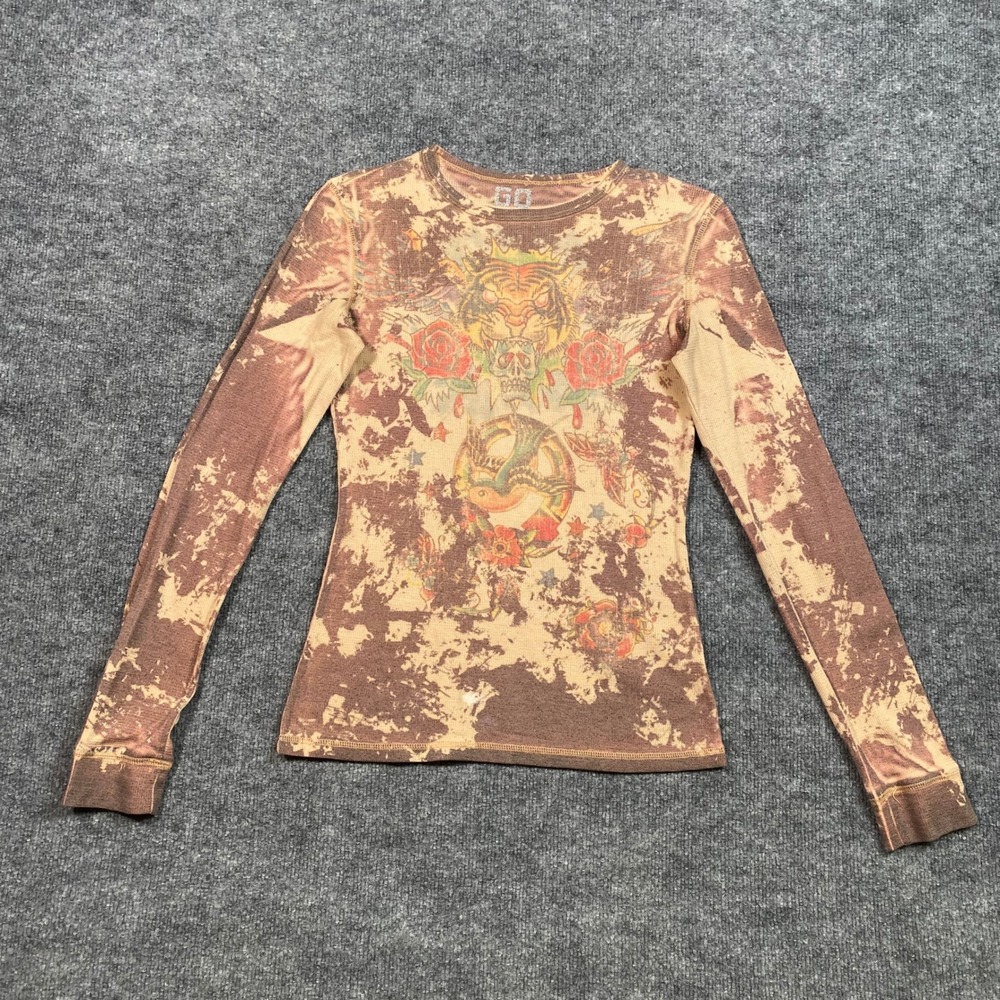 GO Jeans Womens Graphic Thermal Top Brown Acid Wash Tiger Skull Roses L
